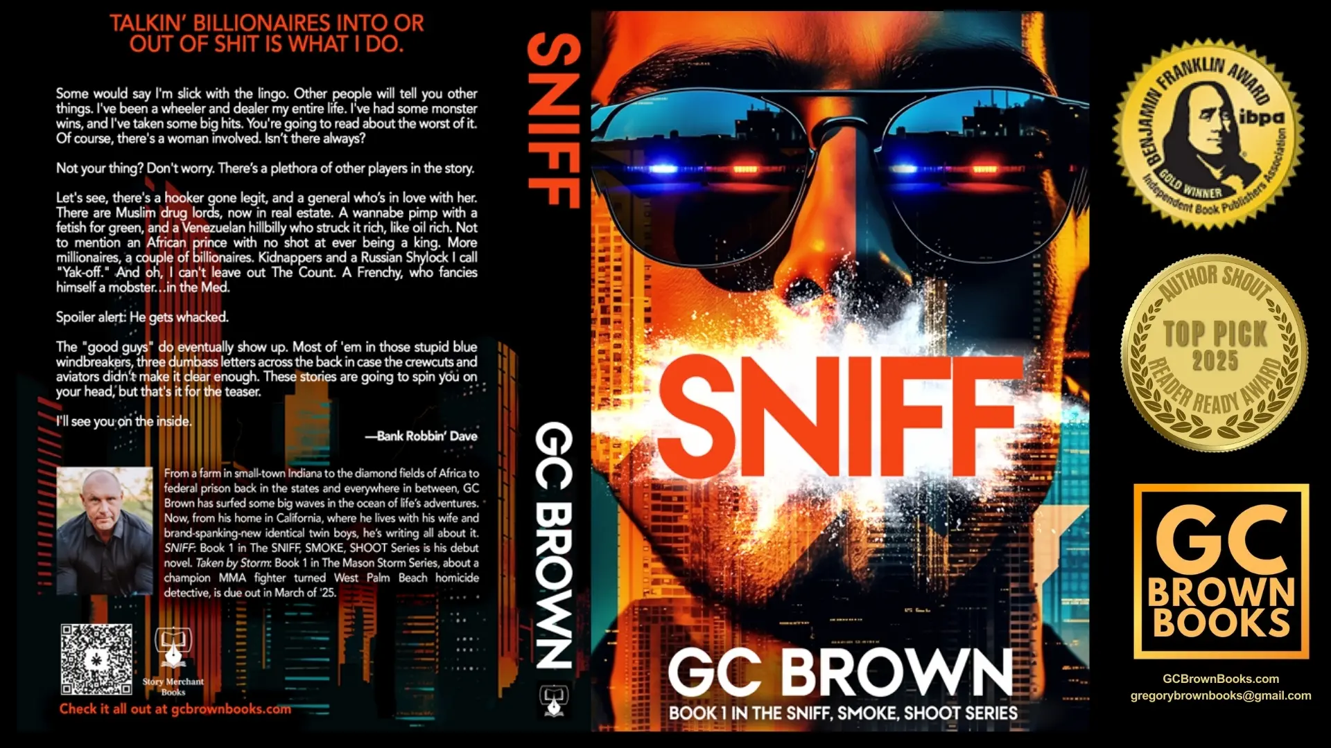 GC Brown's Crime Fiction Novel SNIFF: Book 1 of The SNIFF, SMOKE, SHOOT Series full book cover, and awards.